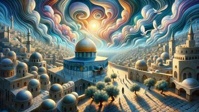 The primary subject of the image is a large mosque with a dome, surrounded by a cityscape. The setting includes a sky with clouds and a bird flying above the mosque. The visual style is a digital art or illustration, creating a vibrant and colorful atmosphere. The colors and mood of the image are predominantly warm and inviting, with the mosque and cityscape serving as the focal points of the scene.